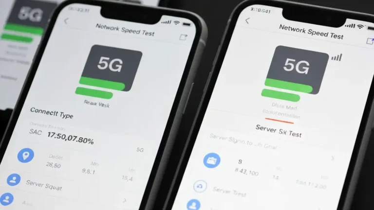 Ekran telefonu z ikoną 5G i paskiem sygnału, symbolizujący problemy z wolnym internetem mobilnym