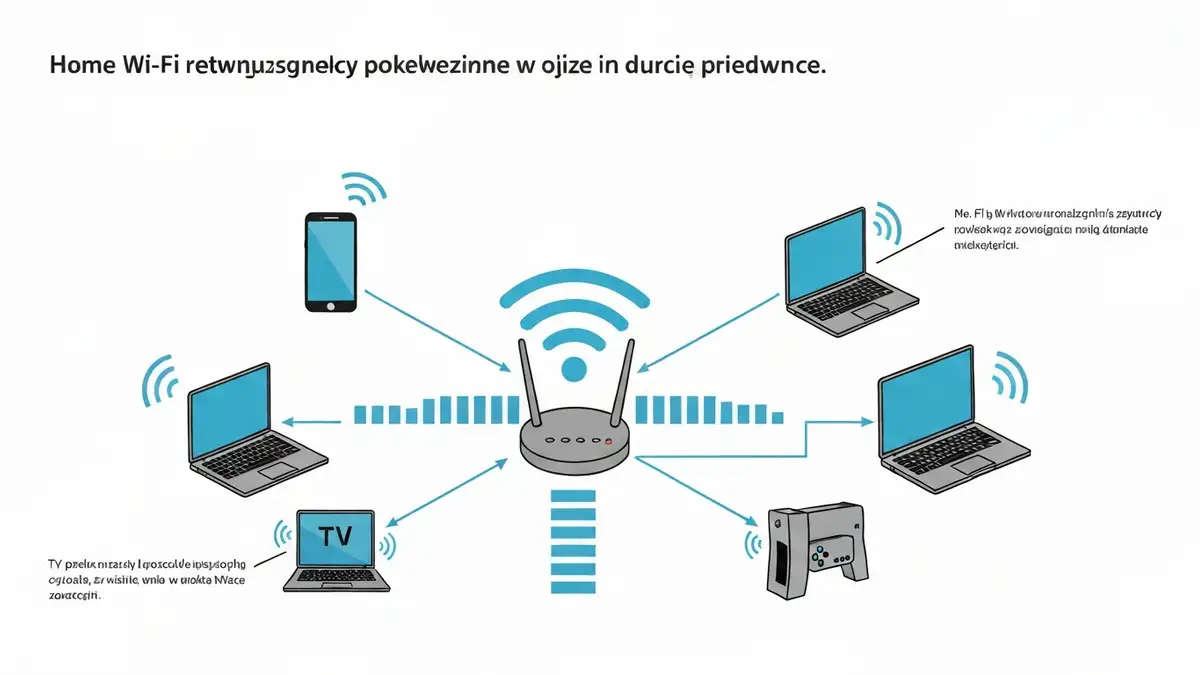 Schemat sieciowy routera w domu z wieloma urządzeniami odbierającymi sygnał WiFi w godzinach szczytu