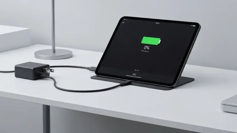 iPad podłączony do ładowarki z Lightning i USB-C portem, widoczny ekran iPada bez znaku ładowania