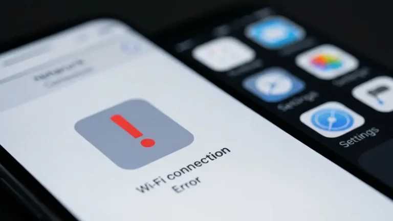 iPhone z komunikatem błędu połączenia Wi-Fi i ikoną ostrzeżenia sieciowego na ekranie