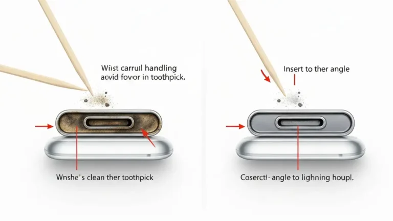 Czyszczenie portu ładowania Lightning na iPhone'ie za pomocą patyczka – diagram krok po kroku