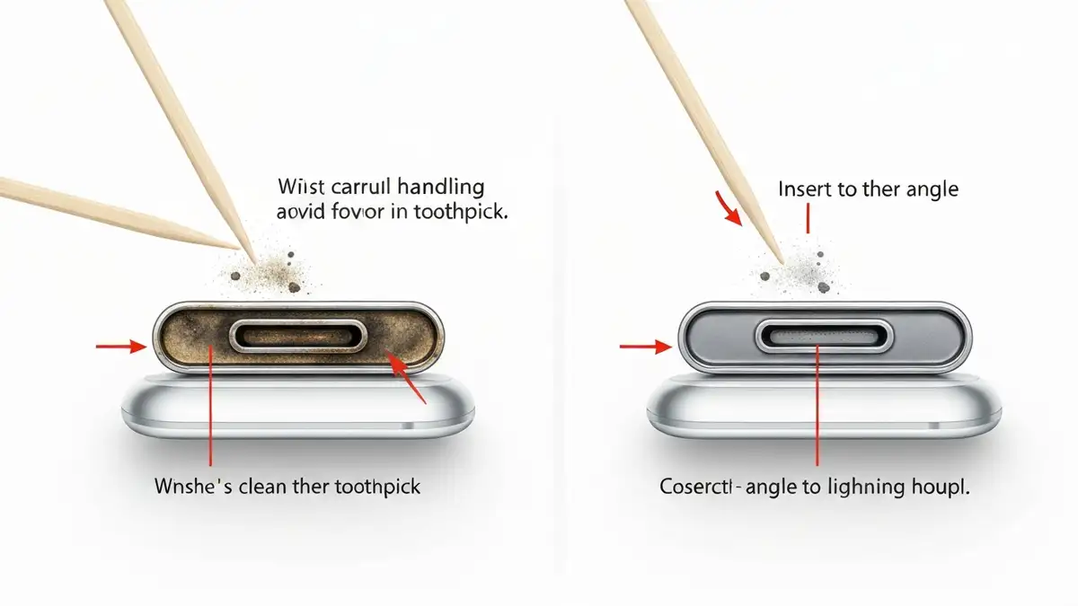 Czyszczenie portu ładowania Lightning na iPhone'ie za pomocą patyczka – diagram krok po kroku
