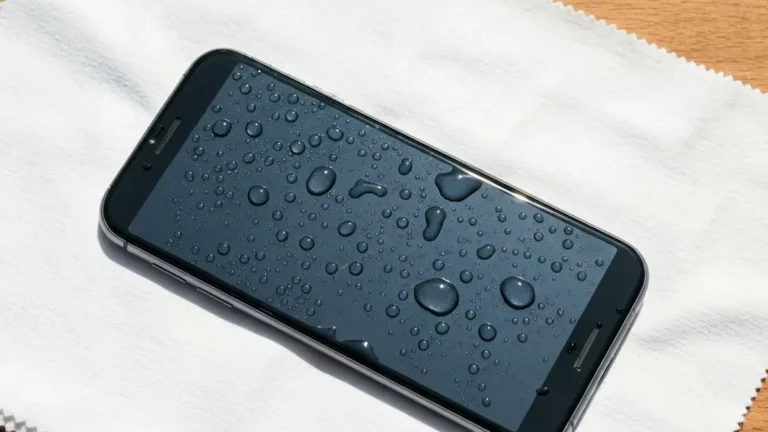 iPhone leżący na białej bawełnie do osuszenia po wpadnięciu do wody