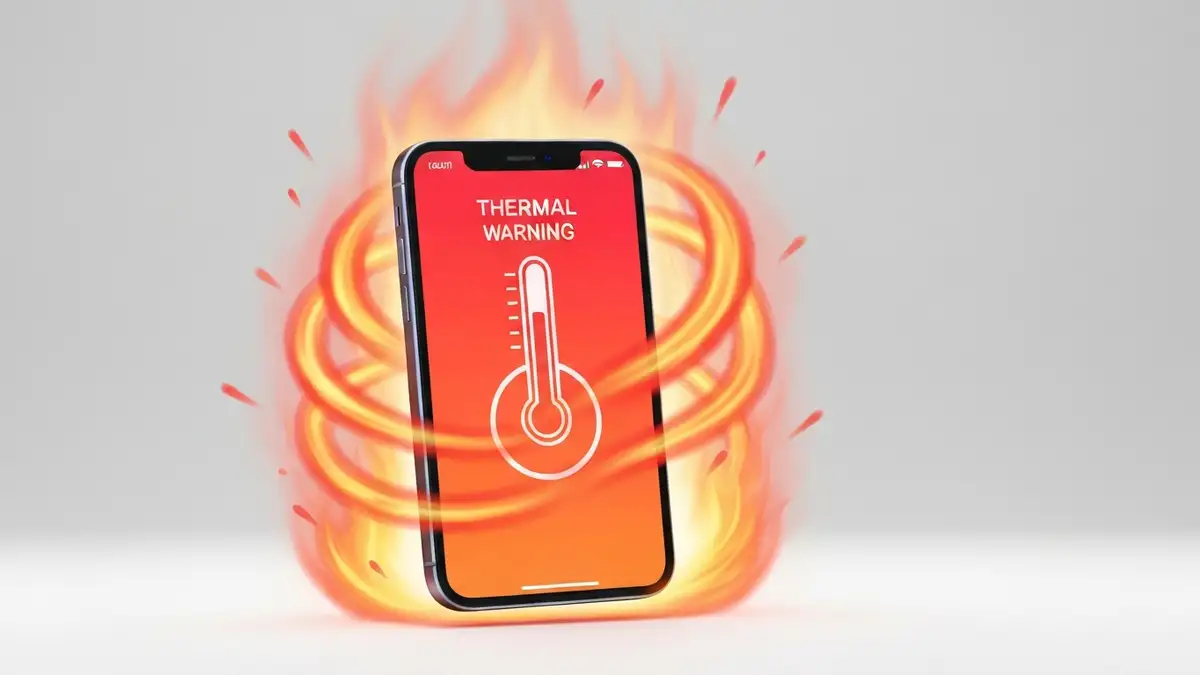 iPhone pokazujący alert przegrzania z ikoną termometru na ekranie, telefon w gorącej atmosferze