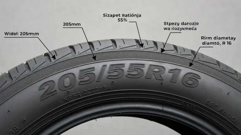 Oznaczenie rozmiaru opony 205/55R16 z wyjaśnieniem każdego parametru na boku czarnej opony samochodu