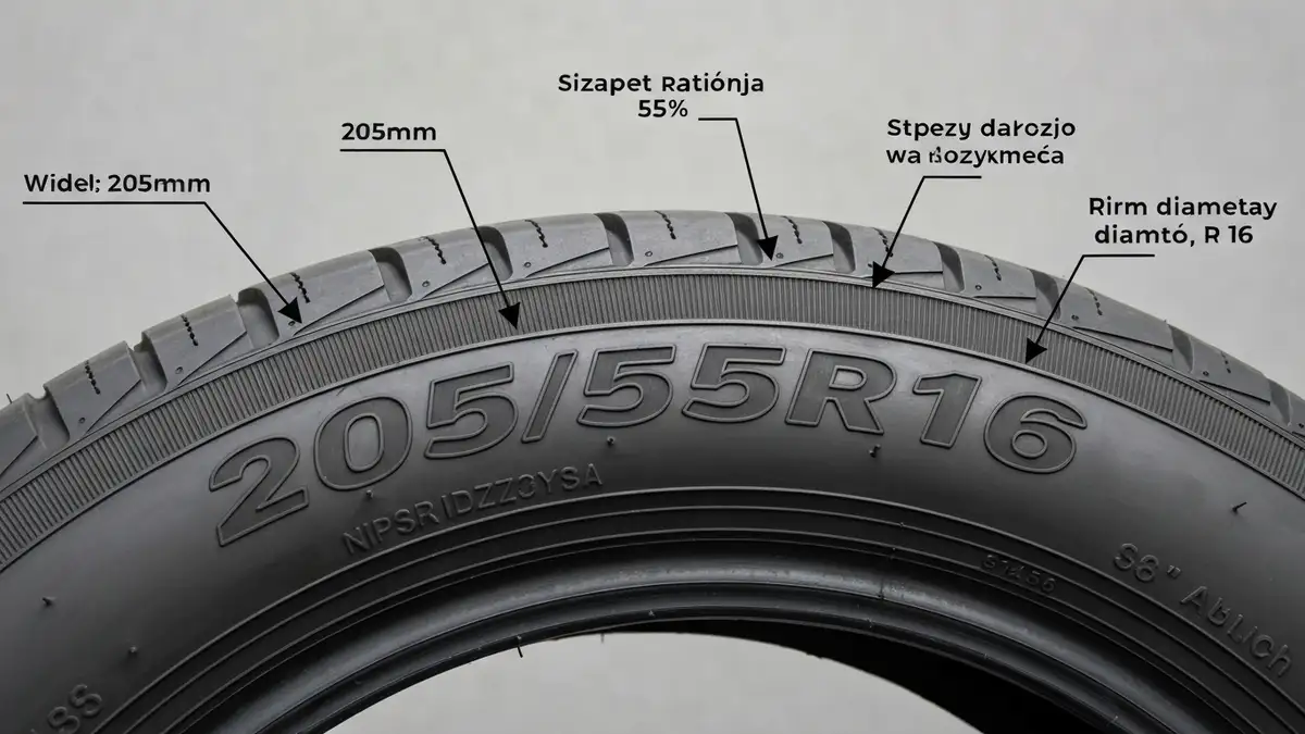 Oznaczenie rozmiaru opony 205/55R16 z wyjaśnieniem każdego parametru na boku czarnej opony samochodu