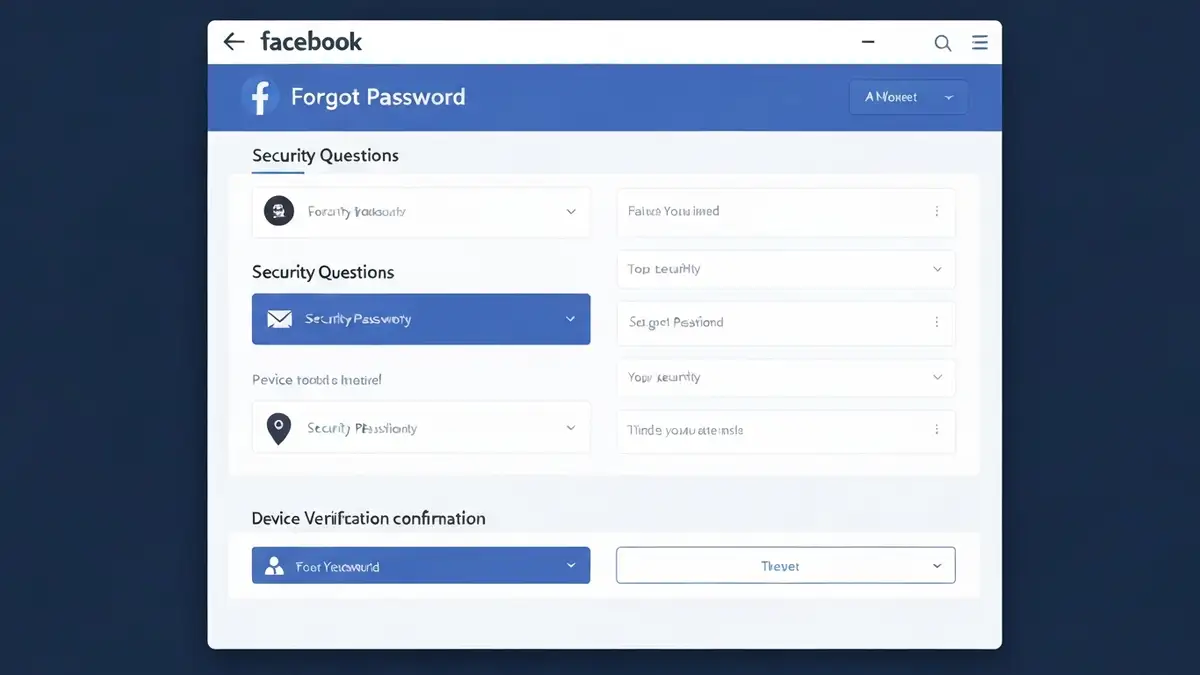 Ekran logowania do Facebooka z opcją odzyskania dostępu i pytaniami zabezpieczającymi