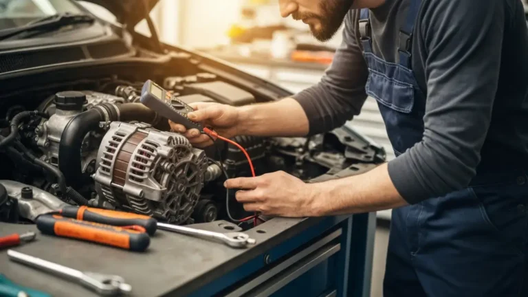Mechanik sprawdzający alternator w samochodzie przy użyciu multimetru