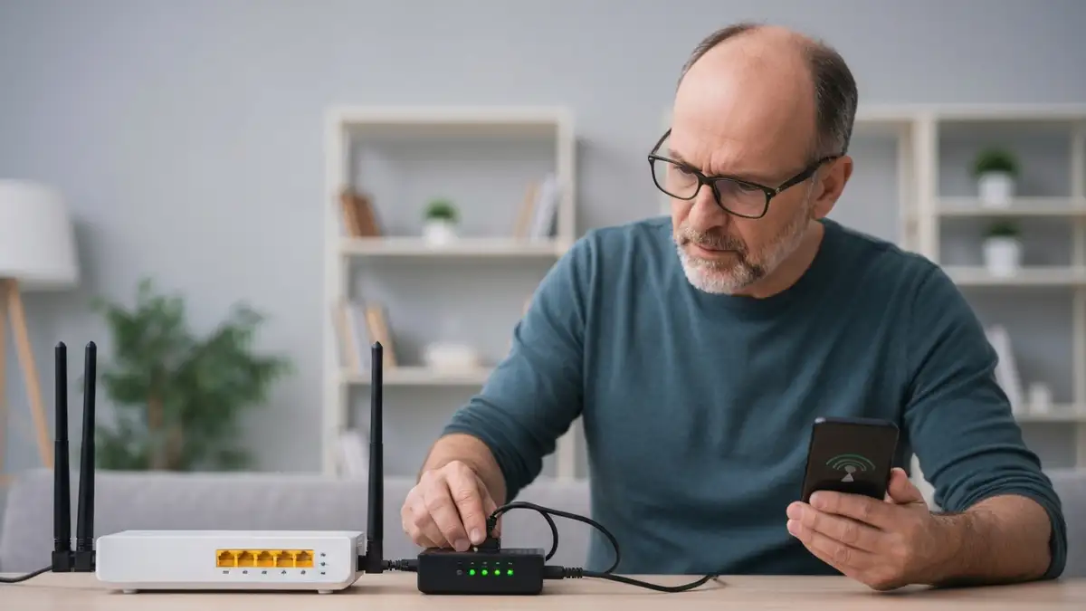 Osoba diagnostykująca problem internetu - sprawdzanie routera, kabli sieciowych i testowanie połączenia na urządzeniu mobilnym