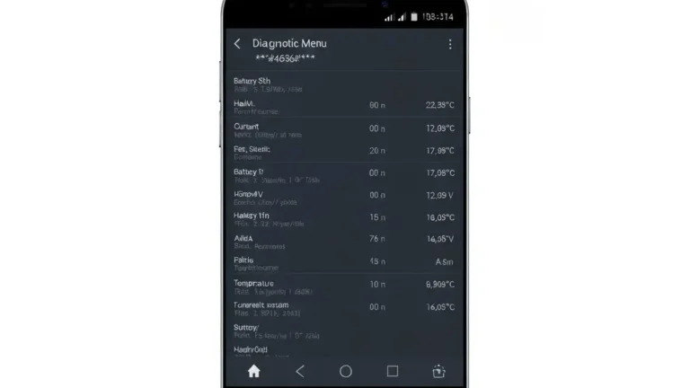 Menu diagnostyczne kodu *#*#4636#*#* na ekranie telefonu Android z parametrami baterii