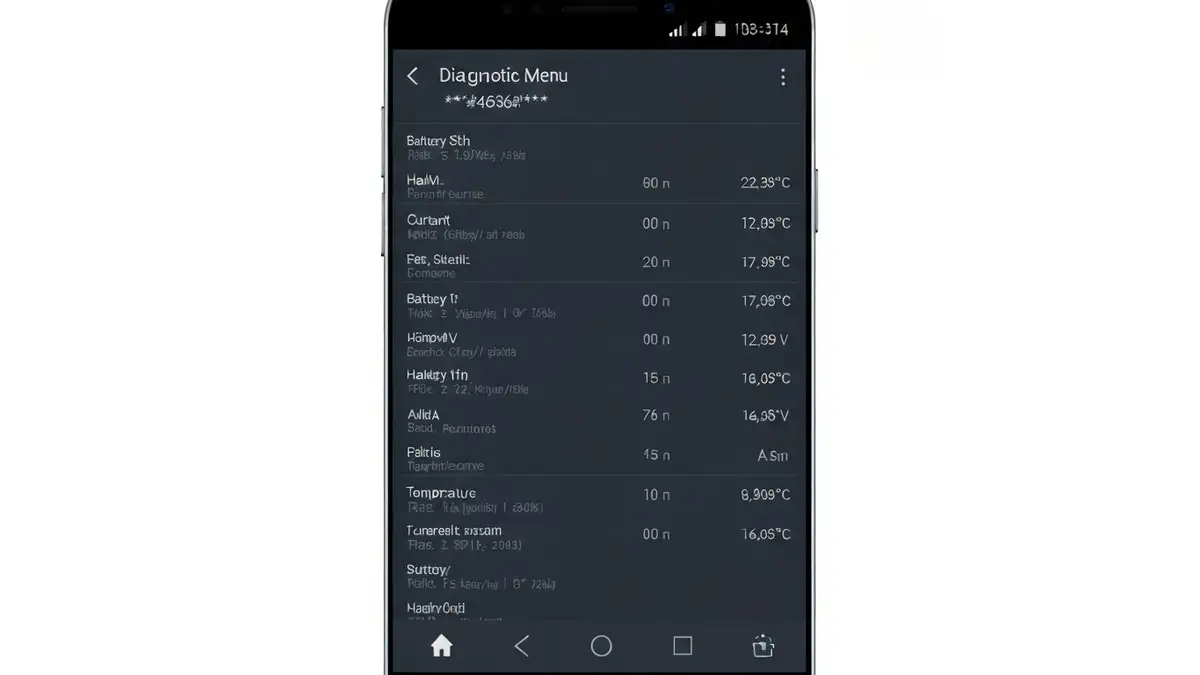 Menu diagnostyczne kodu *#*#4636#*#* na ekranie telefonu Android z parametrami baterii