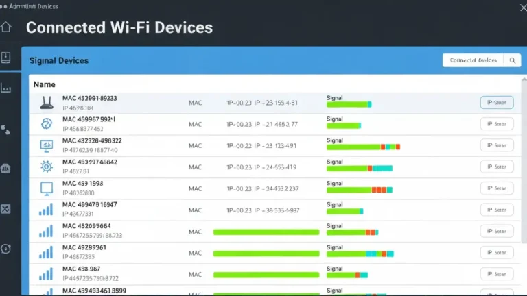 Panel administracyjny routera z widoczną listą podłączonych urządzeń WiFi i adresami IP