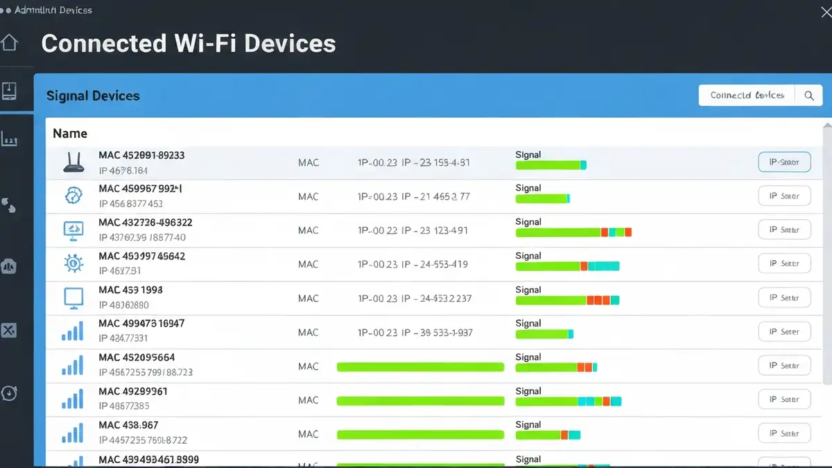 Panel administracyjny routera z widoczną listą podłączonych urządzeń WiFi i adresami IP