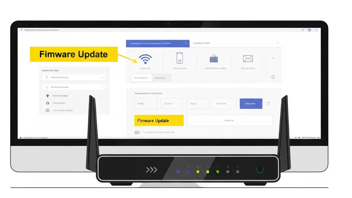 Router ze wskaźnikami diod LED i ekran panelu administracyjnego pokazujący sekcję aktualizacji firmware