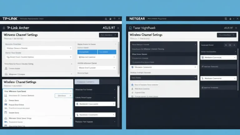 Panel administracyjny routera TP-Link, ASUS i Netgear z ustawieniami kanału WiFi