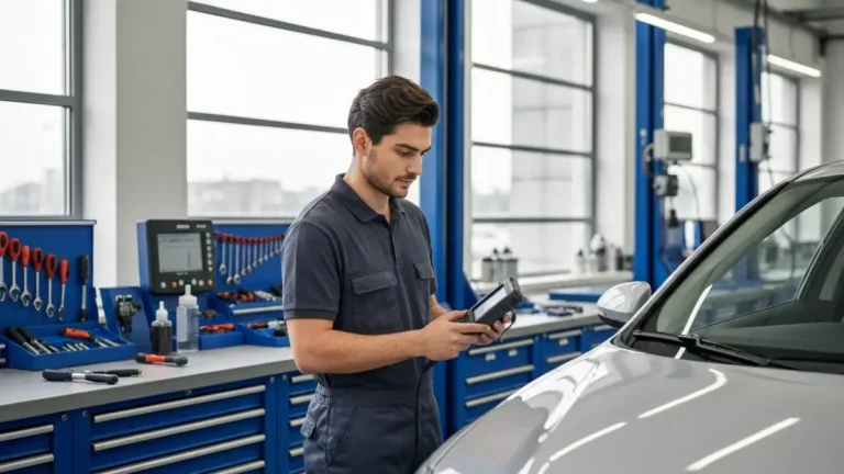 Mechanik w warsztacie sprawdzający samochód za pomocą urządzenia diagnostycznego OBD