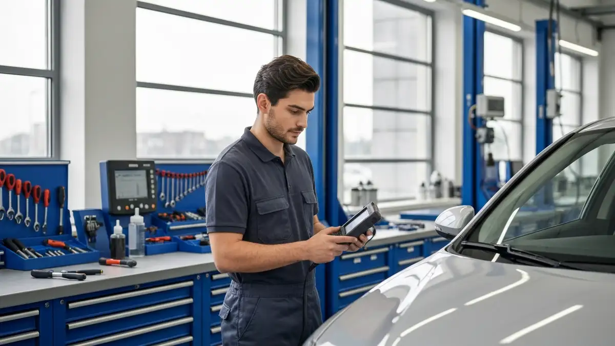 Mechanik w warsztacie sprawdzający samochód za pomocą urządzenia diagnostycznego OBD