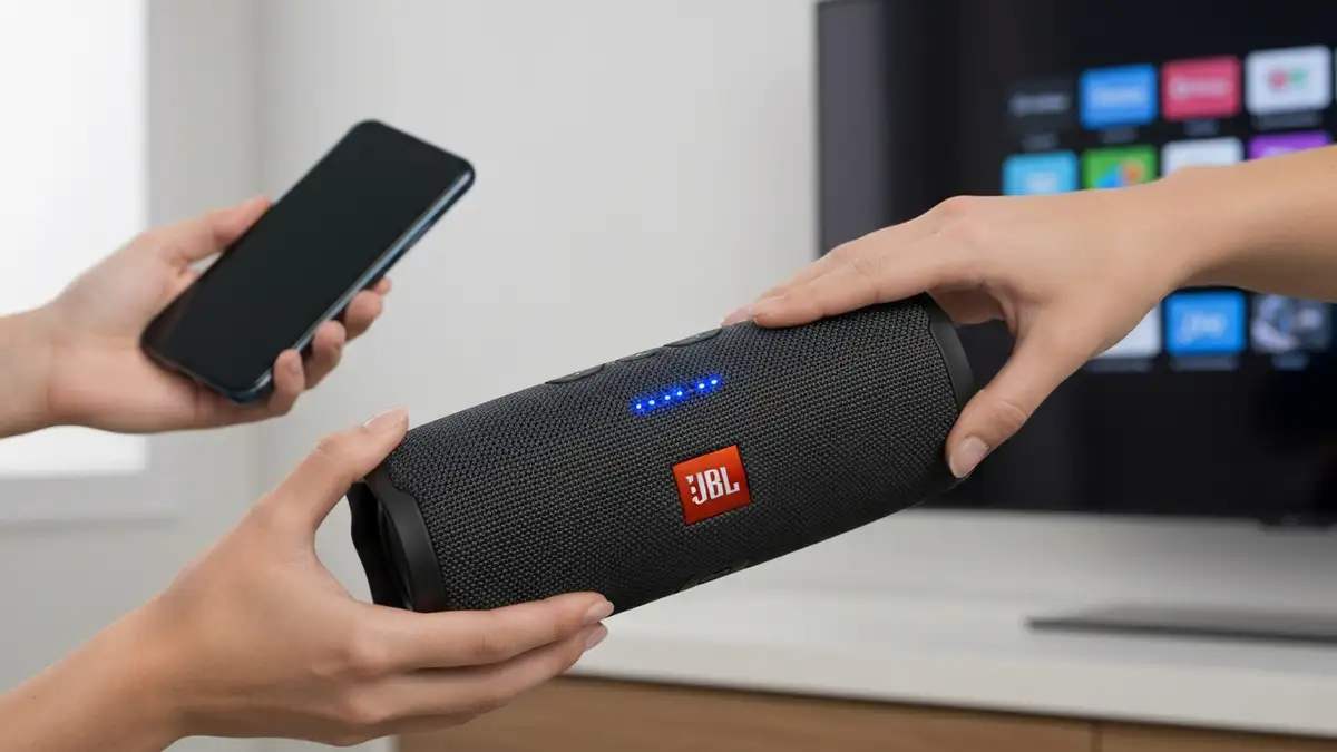 JBL głośnik Bluetooth z diodą LED w trybie parowania, rączka zeskanowania, telewizor i smartfon w tle