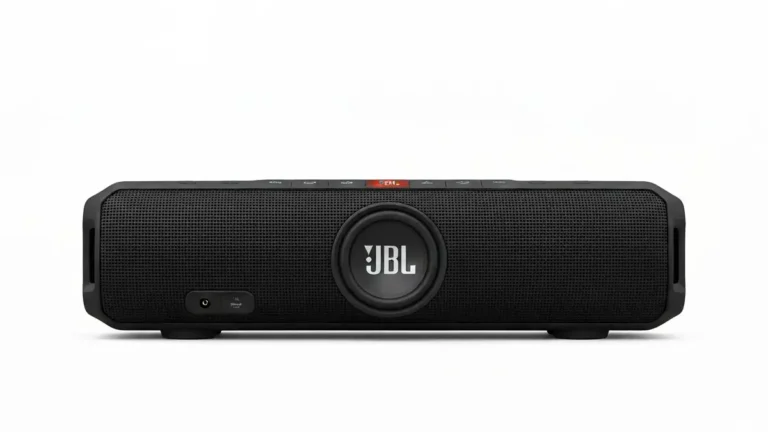 Głośnik JBL Bluetooth z widokiem od przodu, pokazujący membranę i porty zasilające