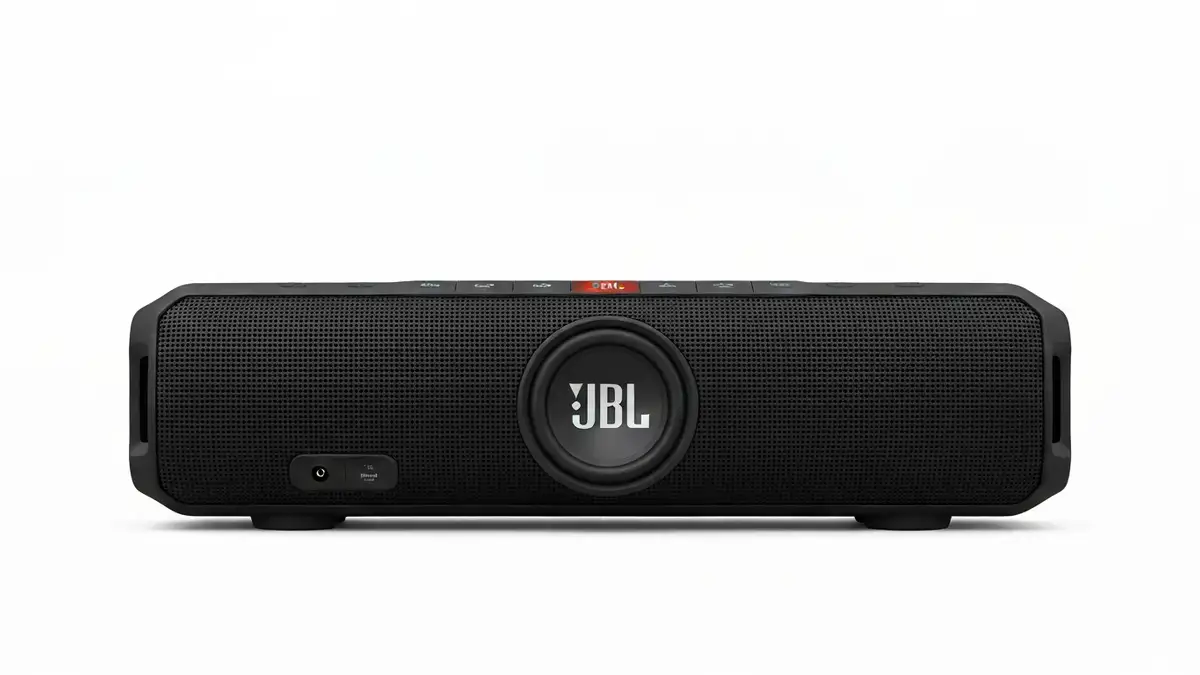 Głośnik JBL Bluetooth z widokiem od przodu, pokazujący membranę i porty zasilające