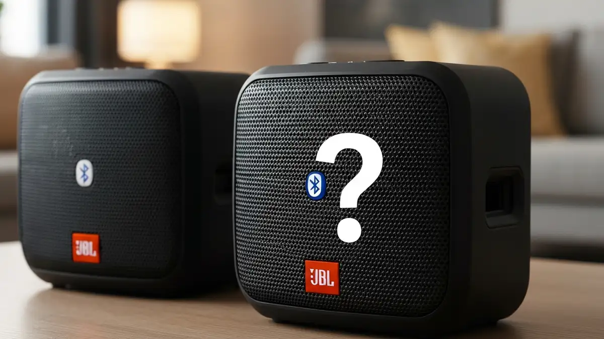 Dwa głośniki JBL PartyBoost z ikonami Bluetooth i znaku zapytania, pokazujące problem synchronizacji