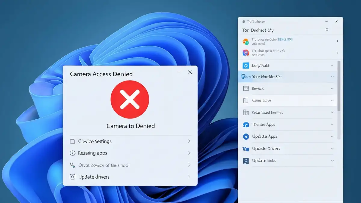 Ekran Windows 11 pokazujący komunikat błędu braku dostępu do kamery webowej i ikonę zablokowanej kamery