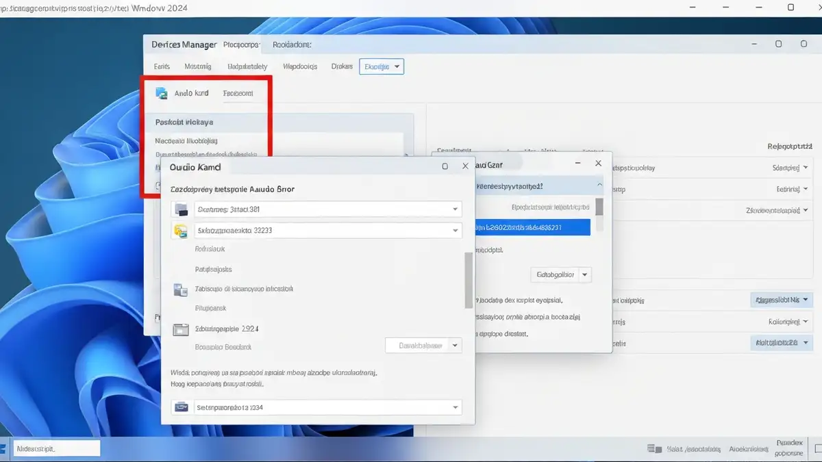 Menedżer urządzeń Windows pokazujący kartę dźwiękową z zaznaczoną ikoną błędu