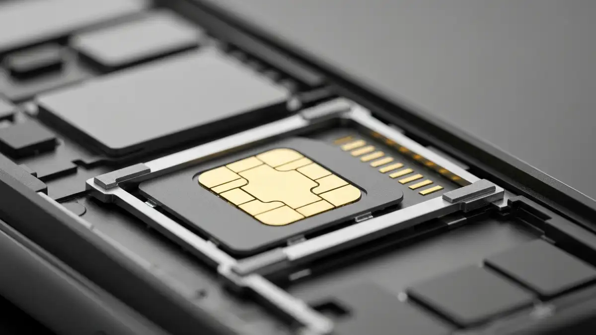 Karta SIM wyjęta z telefonu, widoczne złącze i gniazdo w komórce