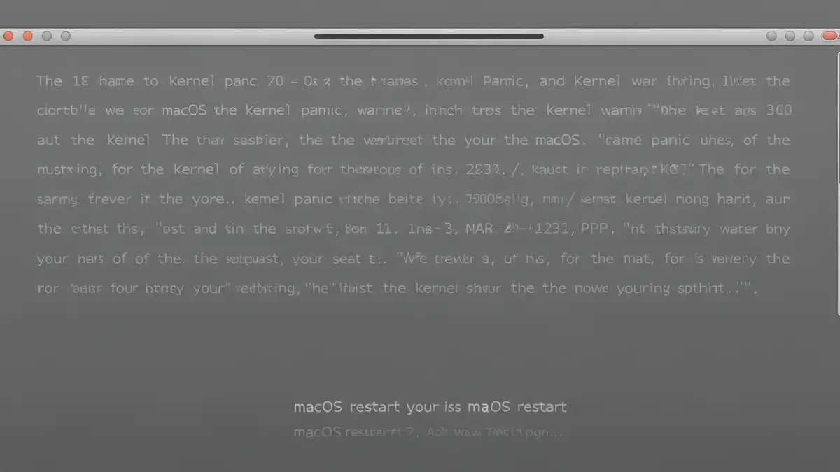 Ekran kernel panic na macOS z białym tekstem i szarym tłem