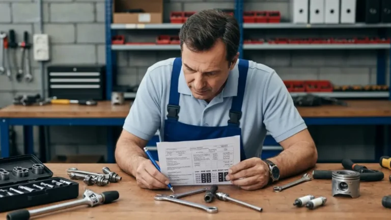 Mechanic calculating car repair cost in workshop with diagnostic tools and damaged engine parts on workbench