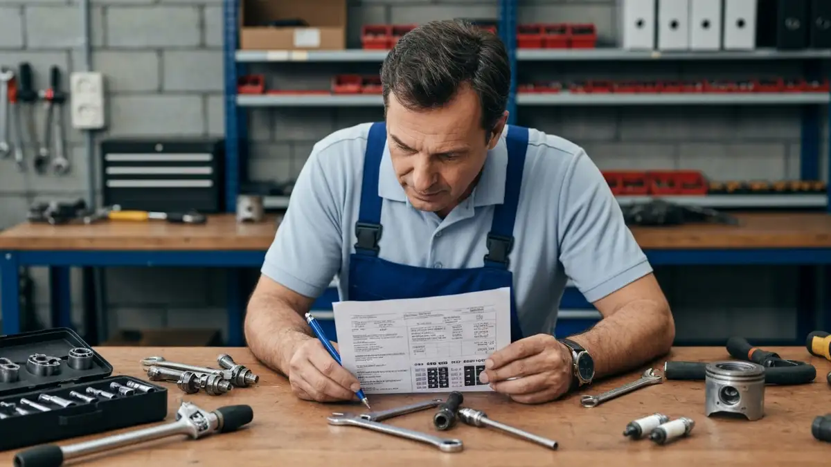 Mechanic calculating car repair cost in workshop with diagnostic tools and damaged engine parts on workbench