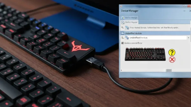 Klawiatura mechaniczna podłączona do portu USB komputera z ikoną błędu lub żółtym znakiem zapytania w Menedżerze urządzeń