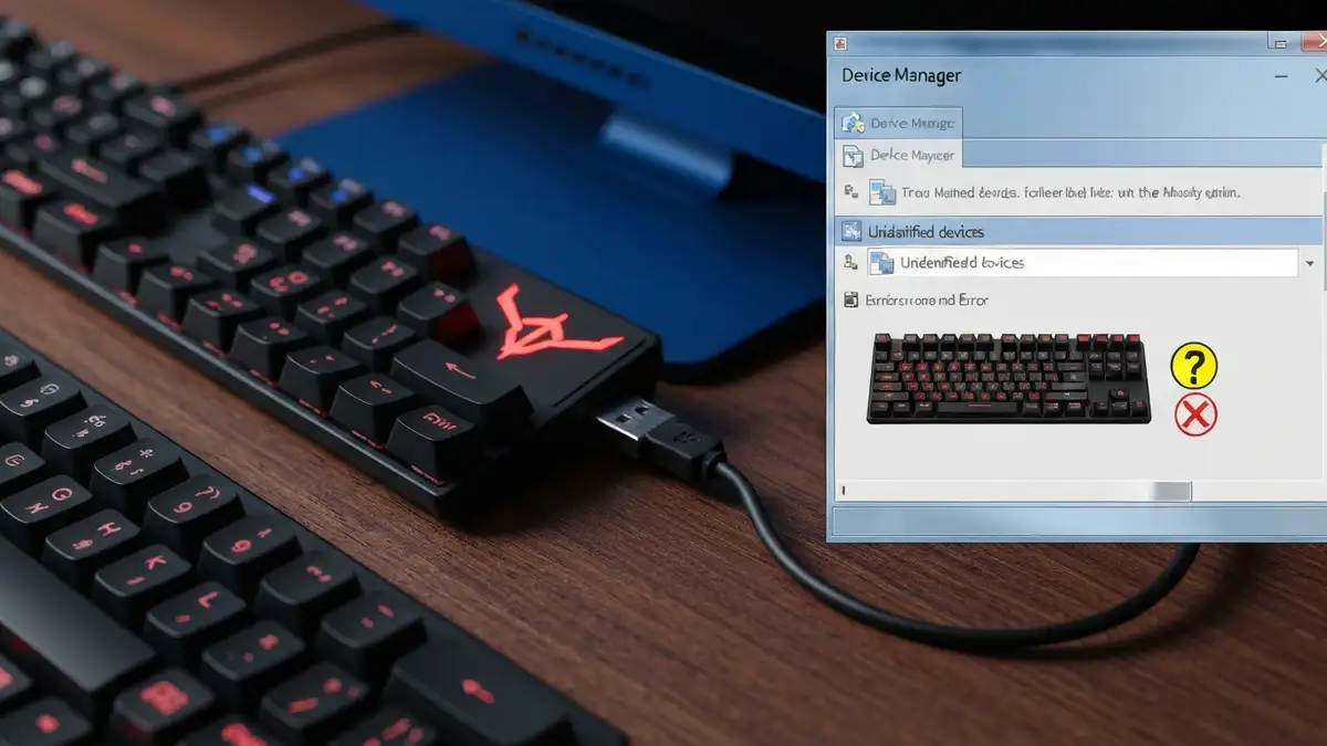 Klawiatura mechaniczna podłączona do portu USB komputera z ikoną błędu lub żółtym znakiem zapytania w Menedżerze urządzeń