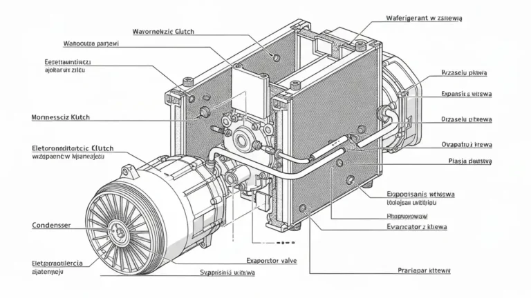 Schemat systemu klimatyzacji w samochodzie z zaznaczonym kompresorem i sprzęgłem elektromagnetycznym
