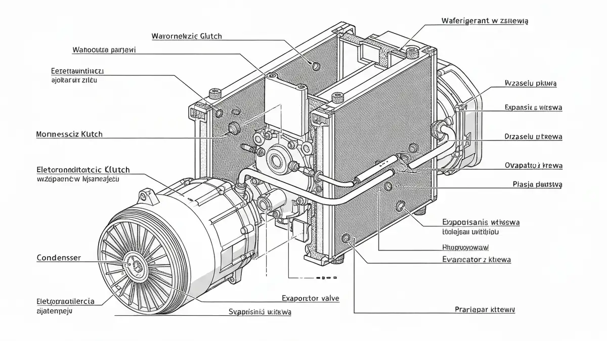 Schemat systemu klimatyzacji w samochodzie z zaznaczonym kompresorem i sprzęgłem elektromagnetycznym