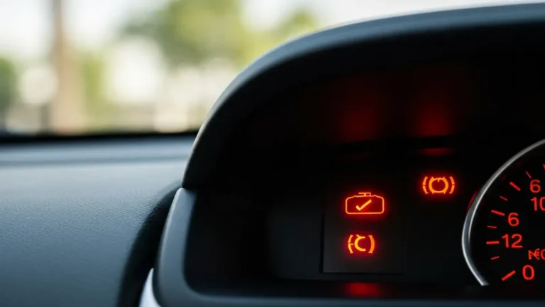 Zbliżenie na zapaloną kontrolkę Check Engine na desce rozdzielczej samochodu