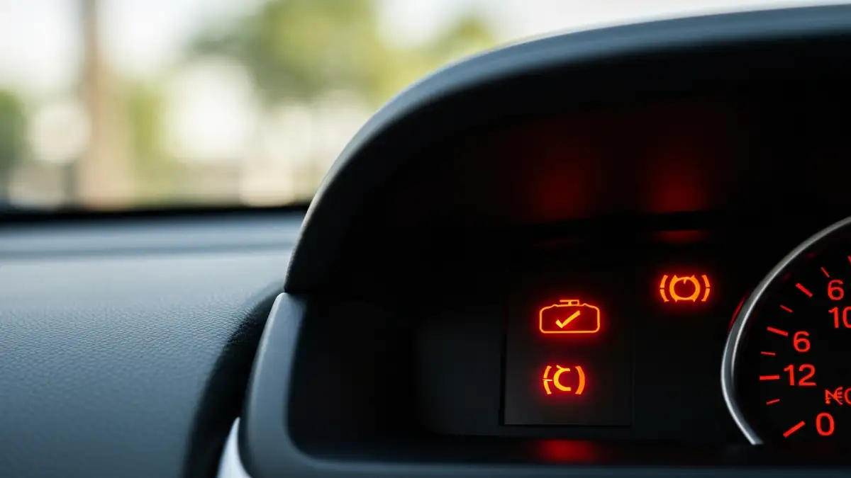 Zbliżenie na zapaloną kontrolkę Check Engine na desce rozdzielczej samochodu