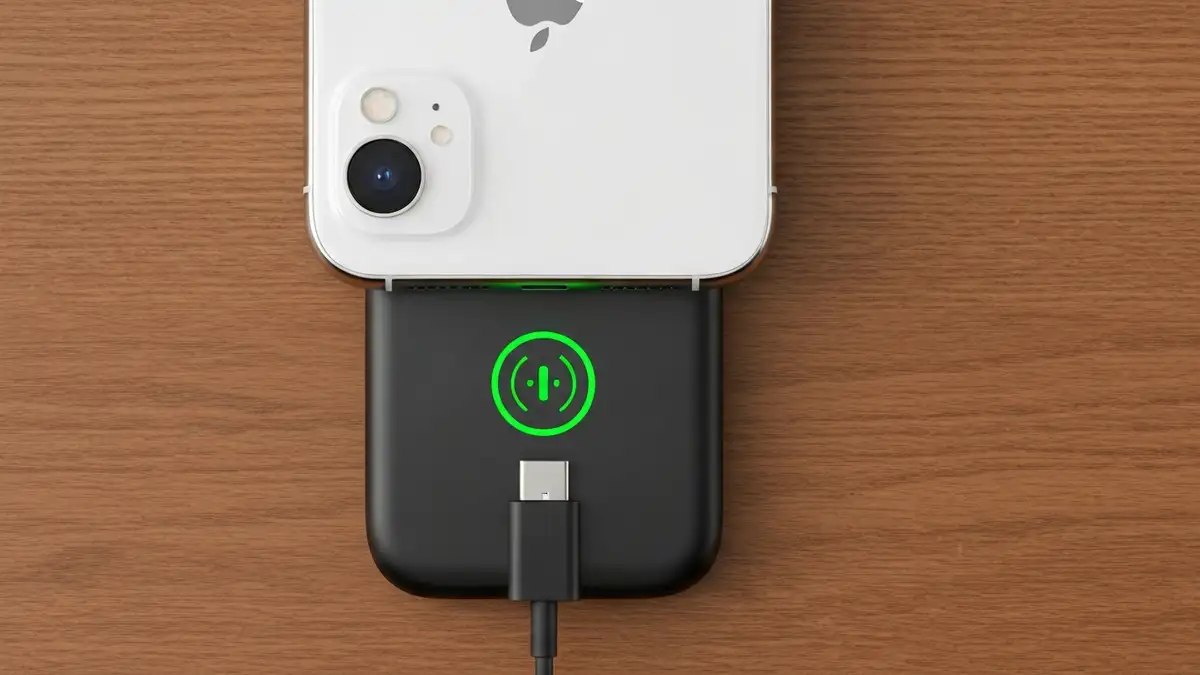 Telefon iPhone kładony na bezprzewodowej ładowarce Qi, widok z góry, wskaźnik LED świecący, ładowarka podłączona do zasilacza sieciowego