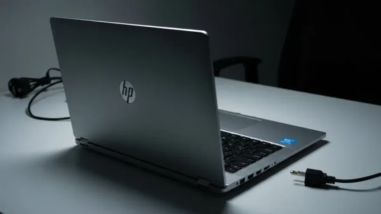 Laptop HP z czarnym ekranem i diodą LED wskazującą brak zasilania