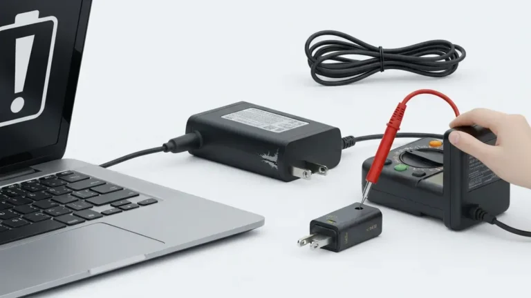 Laptop z lampką ostrzegawczą przy wtyczce zasilającej, kabel ładujący i zasilacz