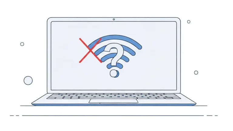 Laptop z symbolem WiFi i znakiem zapytania, ilustracja problemu braku sieci bezprzewodowej
