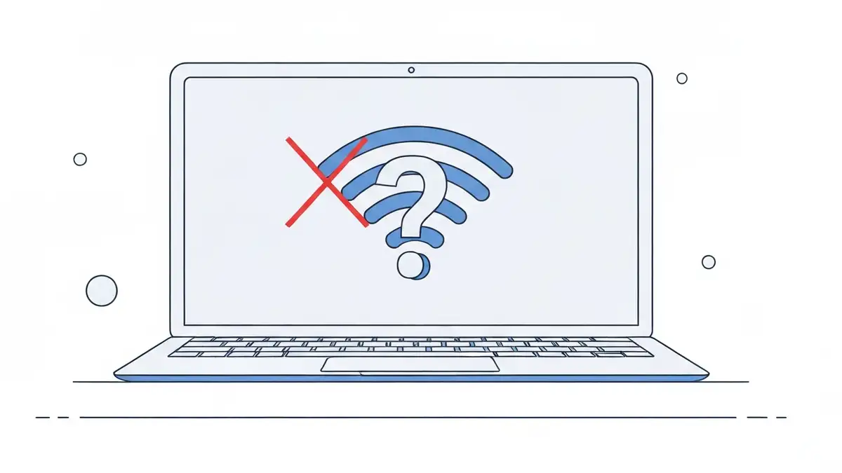 Laptop z symbolem WiFi i znakiem zapytania, ilustracja problemu braku sieci bezprzewodowej
