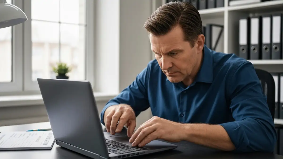 Osoba diagnostykuje nieruchomy laptop - sprawdza zasilacz, baterię, wentylator