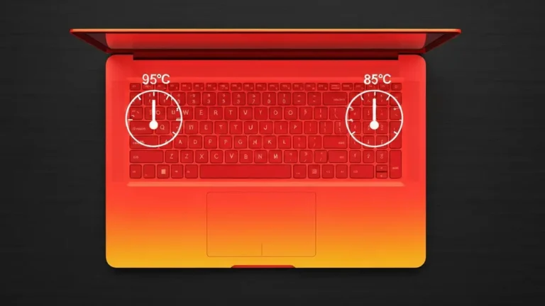 Laptop z wychodzącym parą ciepła i suwami temperatury pokazującymi przekroczenie bezpiecznego zakresu