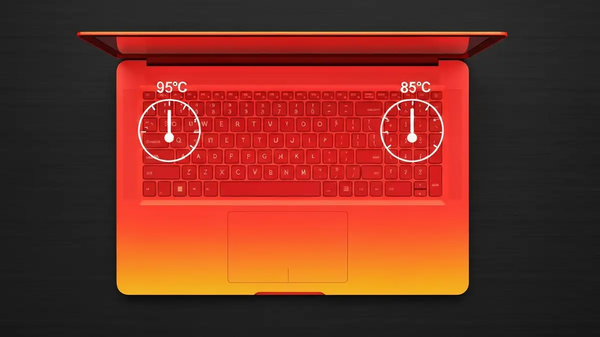 Laptop z wychodzącym parą ciepła i suwami temperatury pokazującymi przekroczenie bezpiecznego zakresu