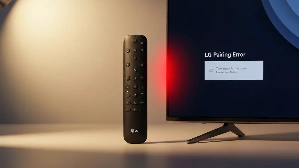 LG Magic Remote leżący obok telewizora LG z wyświetlonym komunikatem błędu parowania