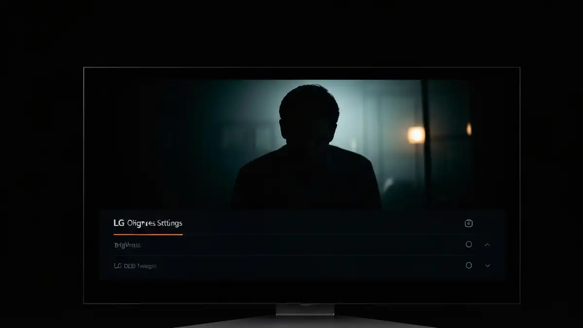 Telewizor LG OLED pokazujący ciemną scenę filmową ze zbyt niska jasnością w menu ustawień obrazu