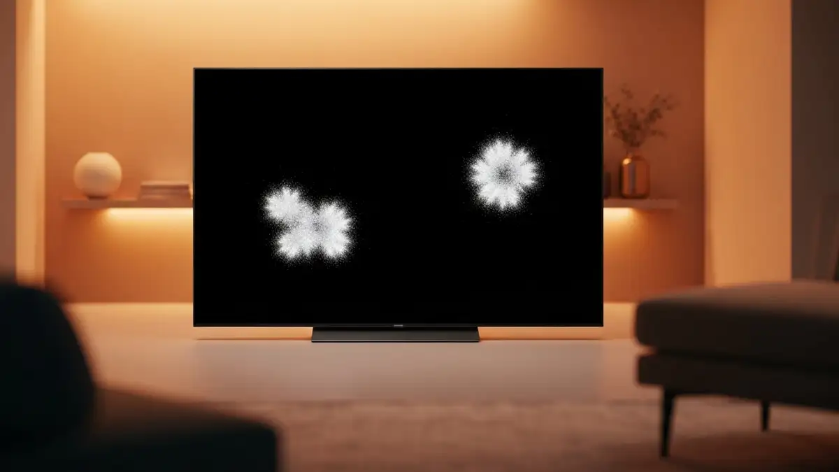 Telewizor LG OLED z widocznym wypaleniem ekranu - białe linie i przebarwienia na czarnym tle