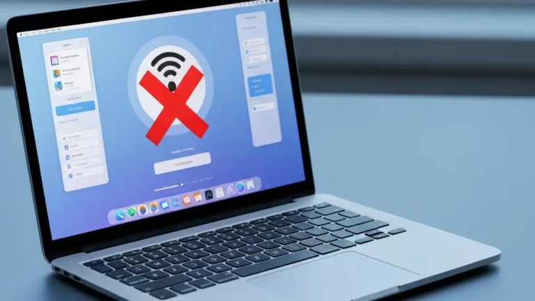 Mac laptop z ikoną WiFi i znakiem X pokazujący problem z połączeniem