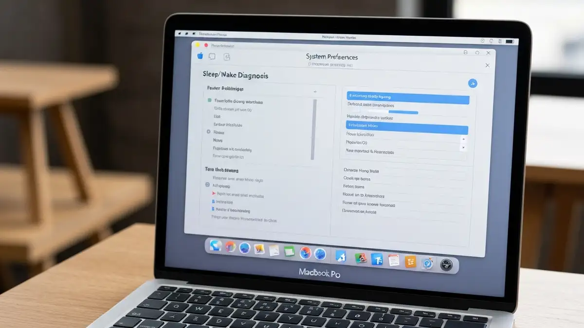 MacBook Pro wyświetlający menu ustawień zasilania i diagnozy problemu sleep/wake na ekranie